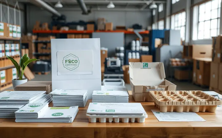 晶科环保包装材料样品展示，包括FSC纸板、可降解塑料和纸浆模塑制品