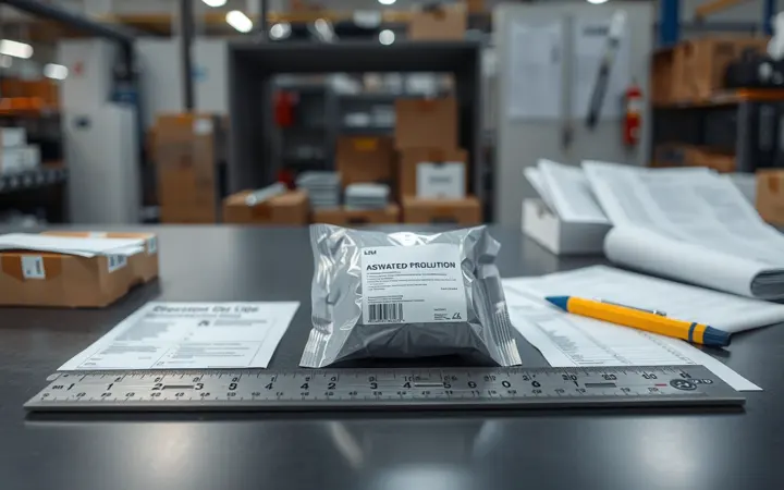 晶科包装打样样品置于质检台，附有测量工具和检查清单