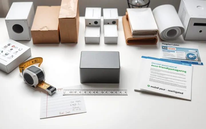 产品样品与包装材料样品并排展示,旁边有尺寸测量工具和记录本