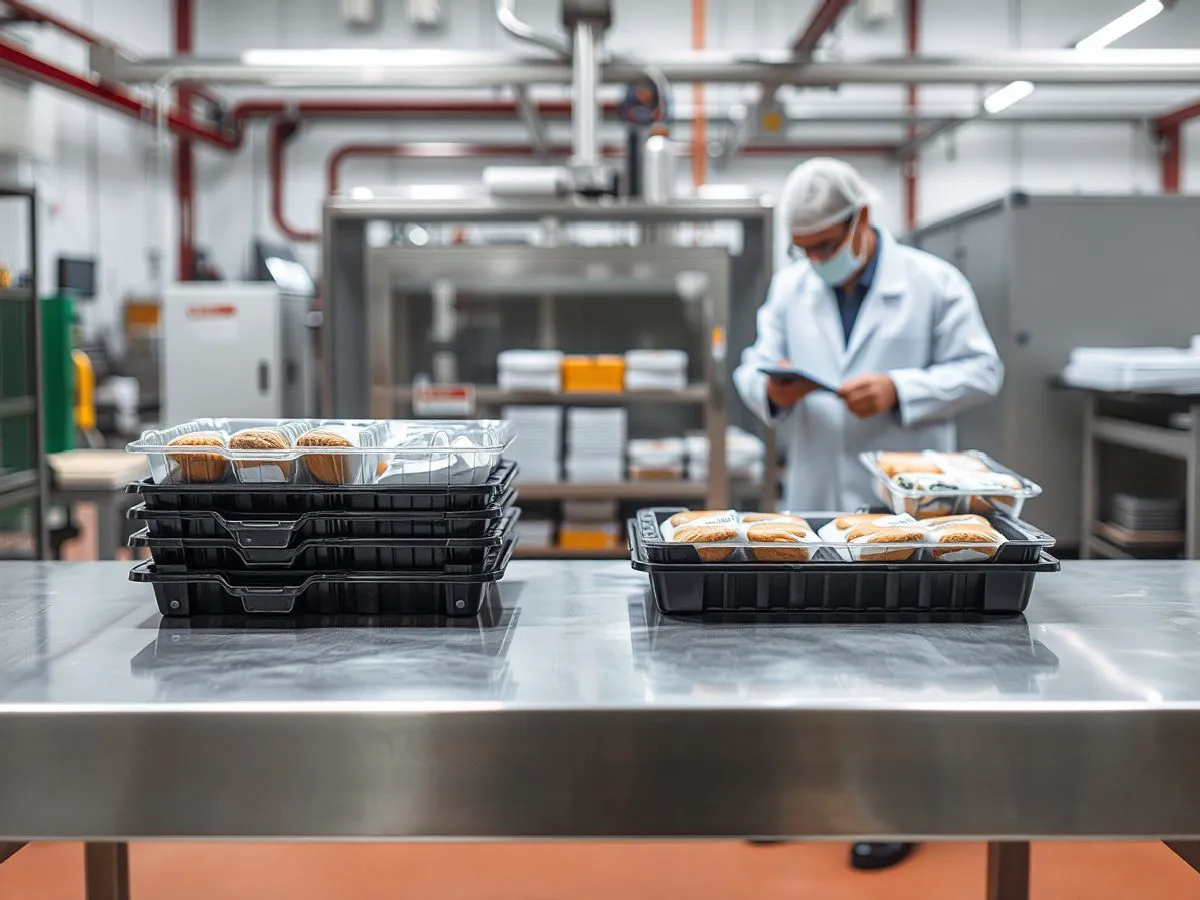 食品企业纸塑托盘切换案例：塑料托盘与纸塑复合托盘对比，质检人员正在检查