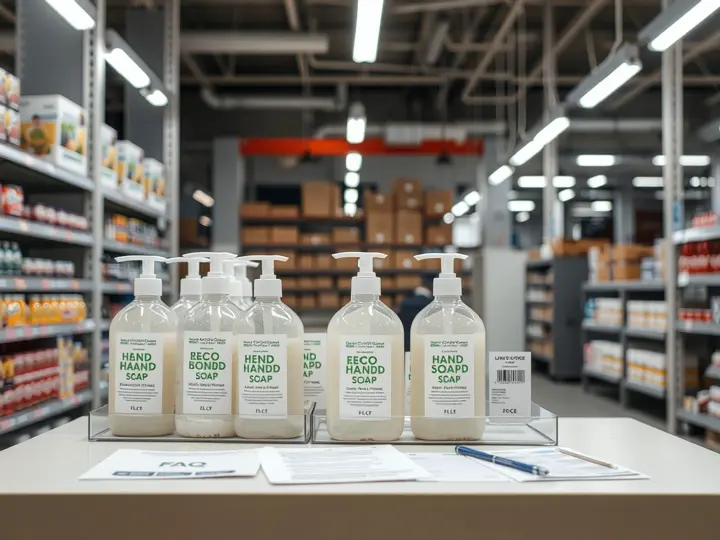 洗手液新品在零售货架上的陈列效果,展示环保包装外观