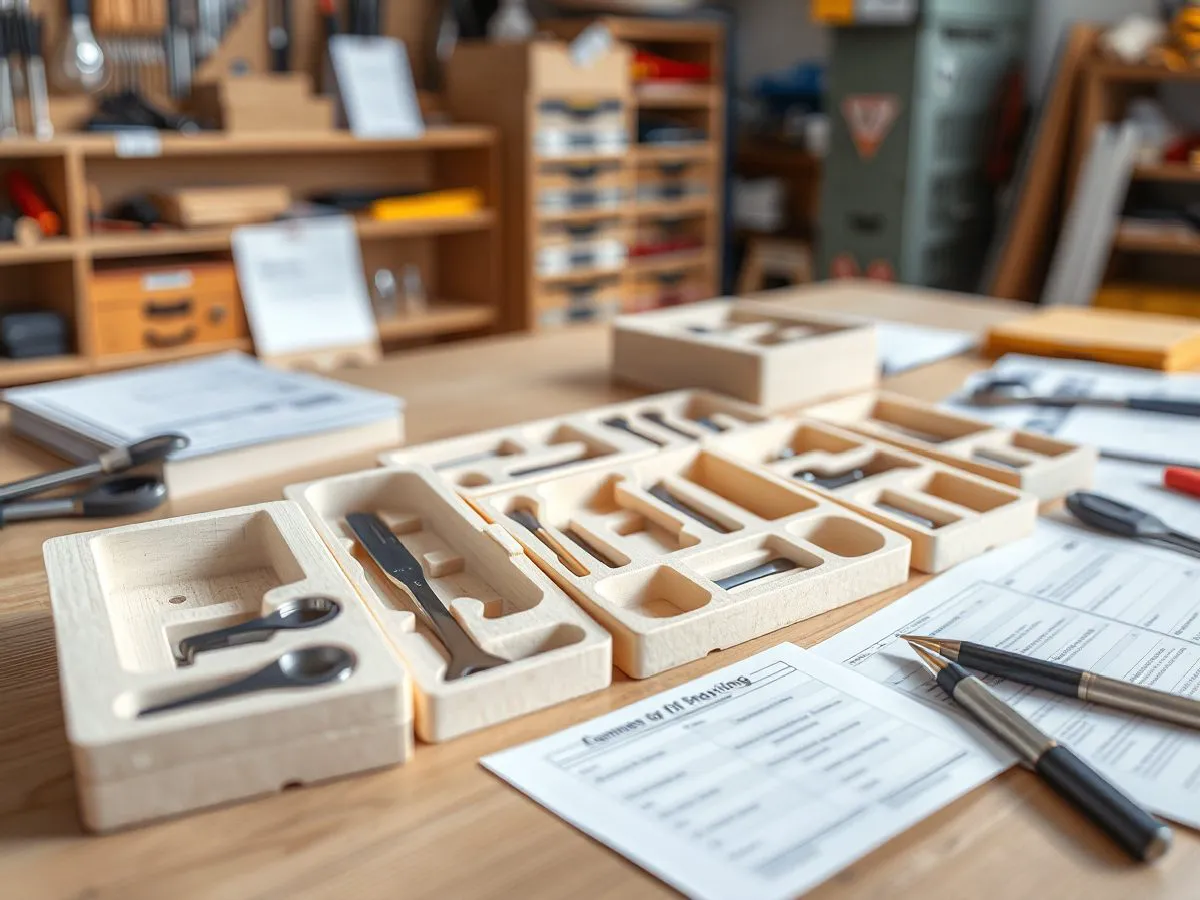 多种工具套装纸塑内衬样品,展示不同工具槽位设计