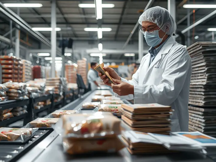 食品生产线质检员检查破损包装,背景是新旧包装材料替换